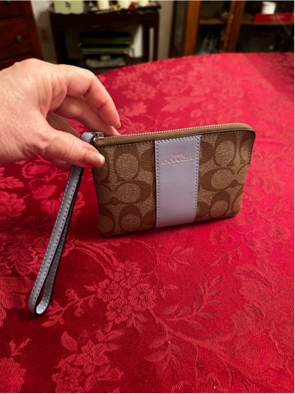 Coach Signature Brown & Blue Coated Canvas Wristlet